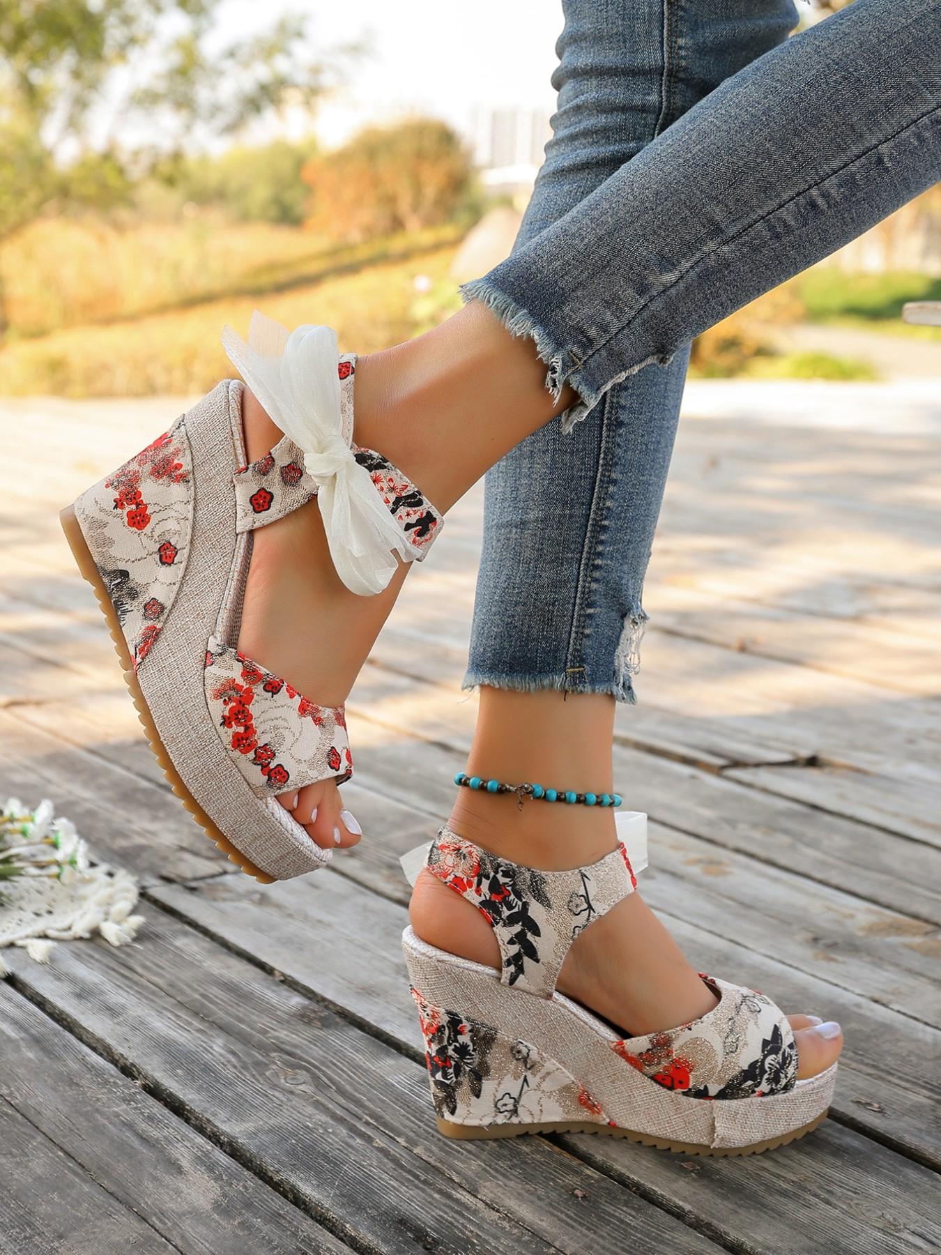 Women's Boho Floral Embroidery Organza Butterfly Heel Sandals, Thick Sole Heightening Open-Toe Strap Shoes, Ethnic Beach Vacation Casual Comfortable Outdoor Wear