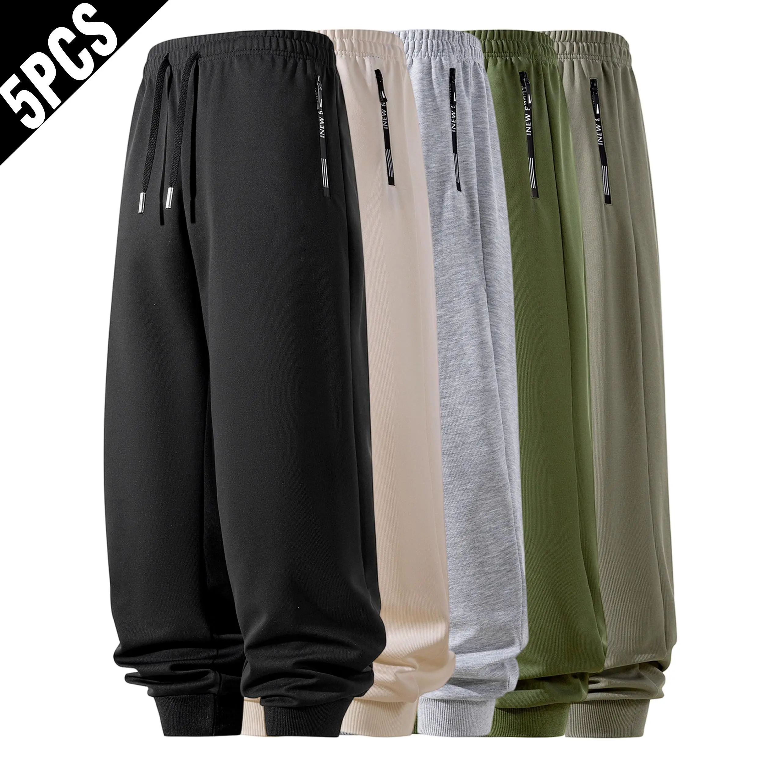 5 Pack Men Soft Stretch Jogger Sweat Pants, Metal Tip Drawstring Elastic Waist Side Zipper Pocket Ribbed Cuff Casual Athletic Trousers Multipack male clothes com frt clothing Lightweight Workout Sweatpants outdoor training pant loose
