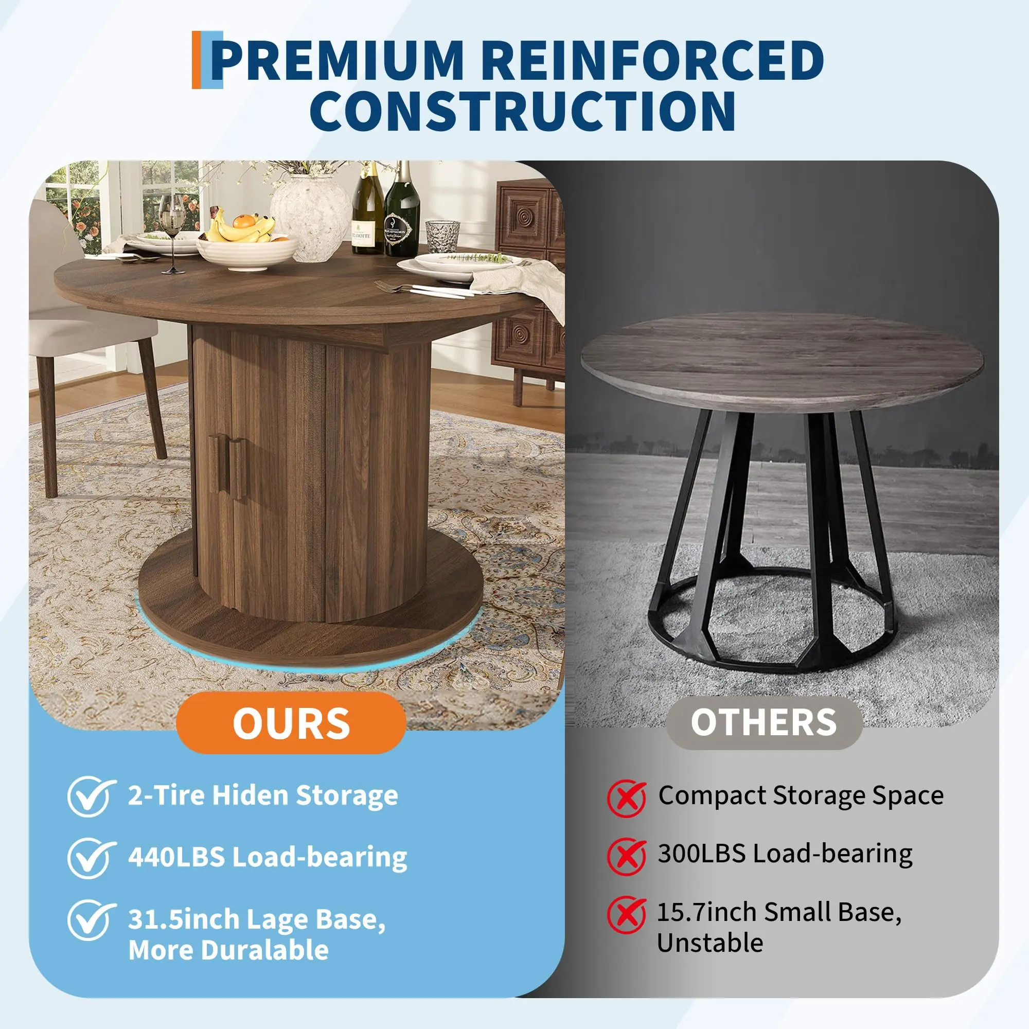 Garvee Space-Saving Extendable Round Dining Table for 4-6 with Hidden Storage - Retractable Design in Light Walnut