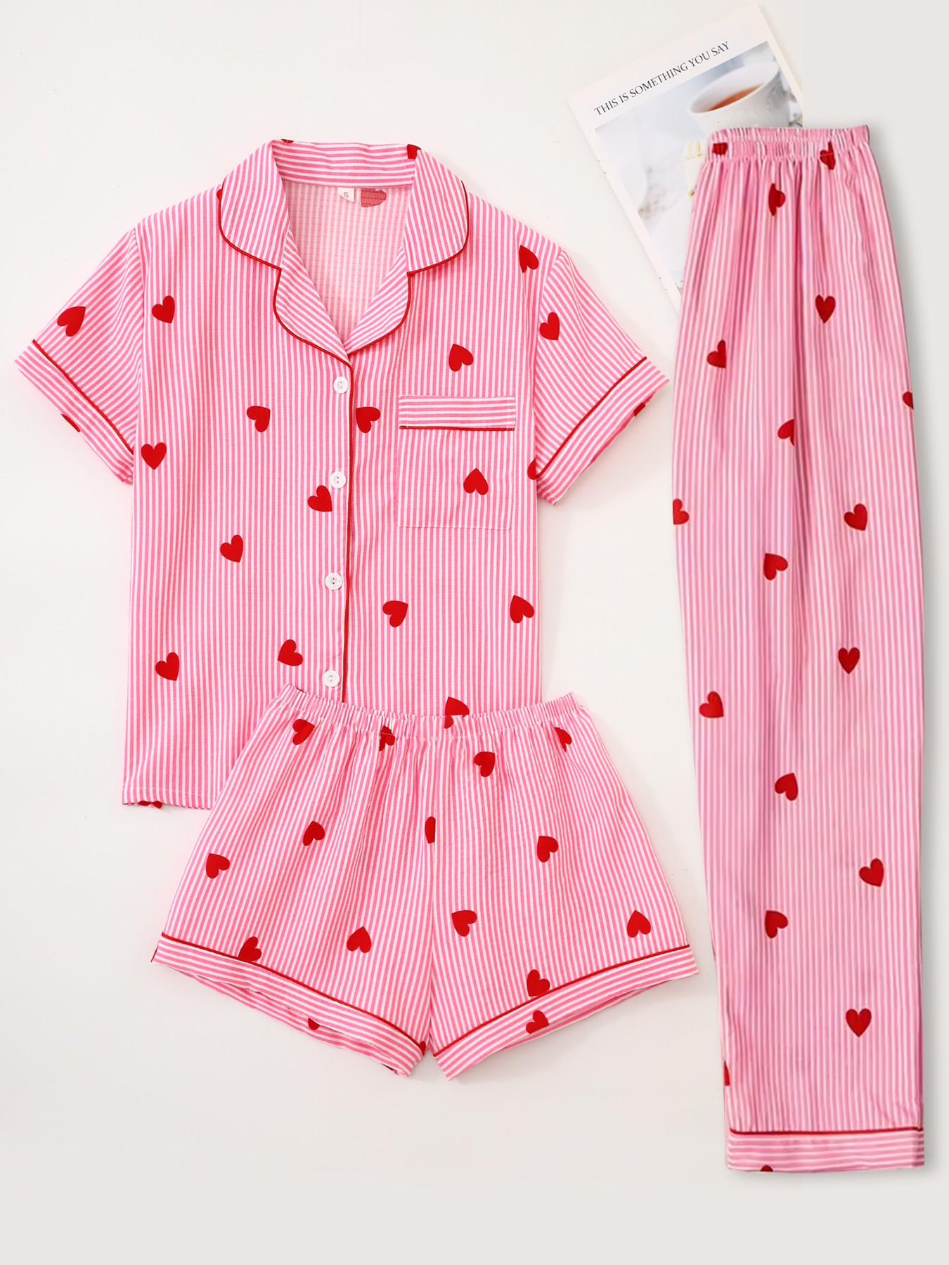Women's Sleepwear Set, Short Sleeve Cardigan Top + Shorts + Long Pants, Striped Heart Print, Casual Fitted Style, All over Print