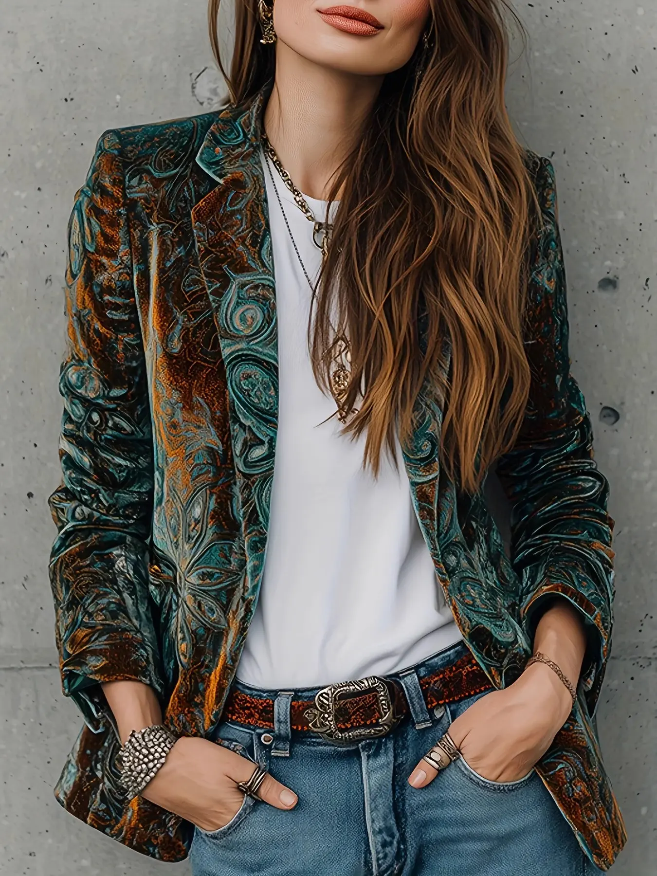 2026 New Vintage Artistic Aesthetic Peacock Print Velvet Blazer for Women, Lapel Long Sleeve Pocket Design, Casual Loose-Fit Outerwear for All Seasons
