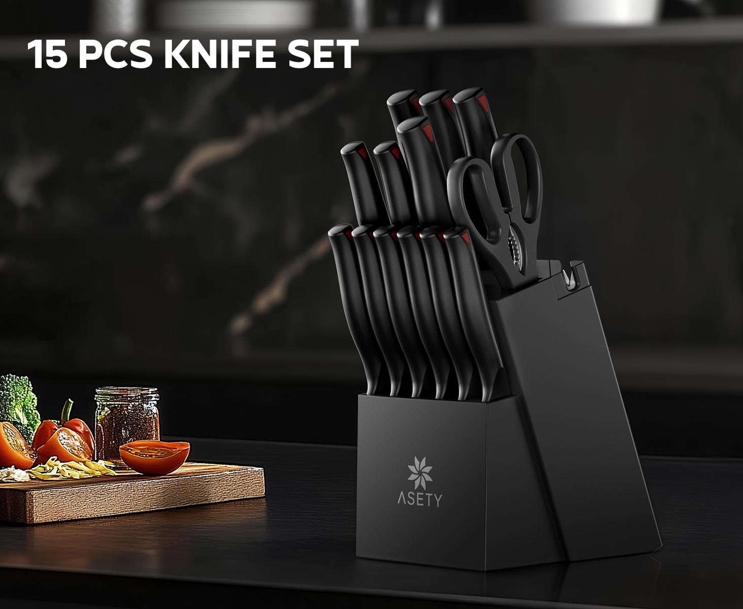 ASETY Knife Set with Block, 15 PCS Kitchen knife Set with Bulti-in Sharpener Block, High Carbon Stainless Steel Sharp Knives Block Set NSF Food Safe Dishwasher Safe Knife for professional kitchen knives Steak meat boning knives mystery box gifts for men