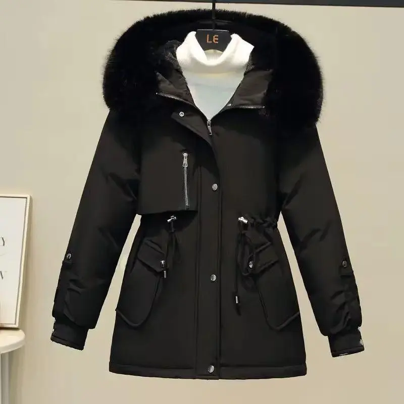 Women Winter Parka Coat Fleece Lined Hooded Jacket Fur Collar Loose Fit Thick Warm Snowsuit