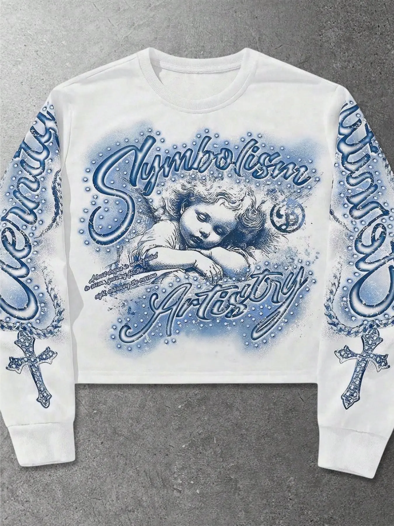 Men Y2K Boxy Cropped Long Sleeve T-Shirt Vintage Blue Cherub Angel Front Print Cross & Cursive Letter Full Sleeve Graphic Crew Neck Streetwear, Casual Crop Top, Lightweight Stretch Cropped Longsleeve for Grunge Alt Urban Festival Daily Outfits
