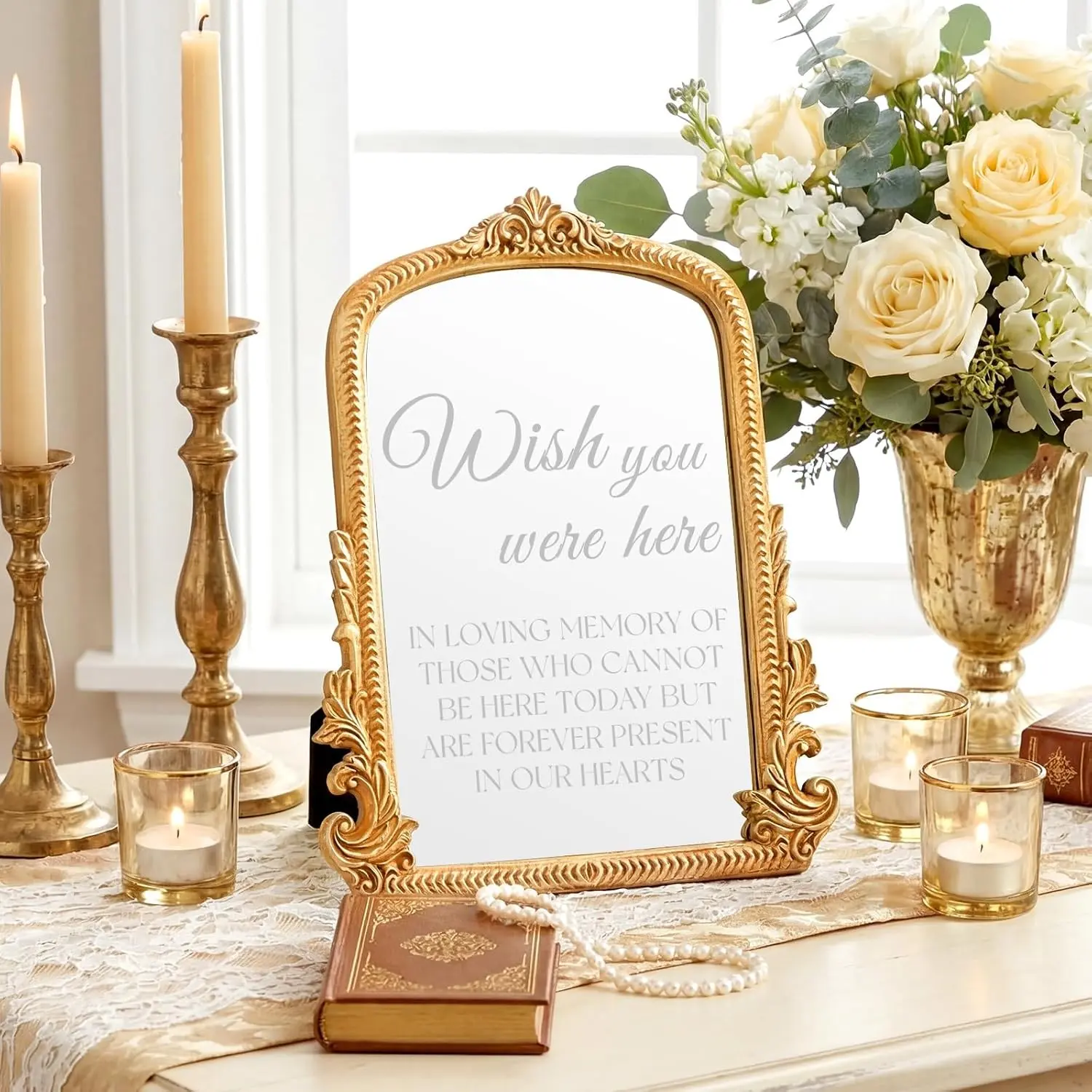 Vintage Wedding Memorial Sign with Mirror In Loving Memory Ornate Gold Frame Tabletop Display for Weddings Anniversaries Celebrations 12" x 9.5"
