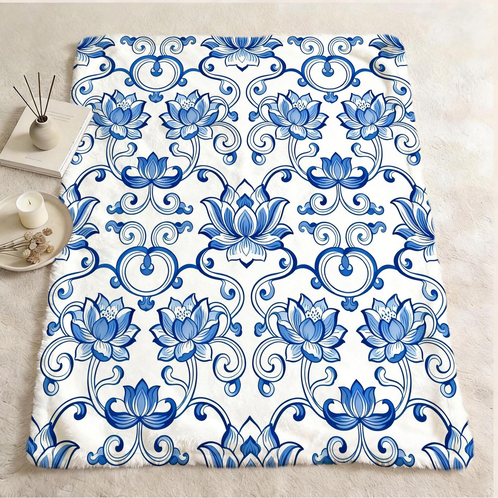 1 Pack Blue and White Porcelain Lotus Single-Side Printed Flannel Blanket, HD Digital Print Chinoiserie Floral Ultra-Soft Plush Throw Blanket, Warm Cozy Multipurpose All Season Gift Blanket for Couch Bed Travel
