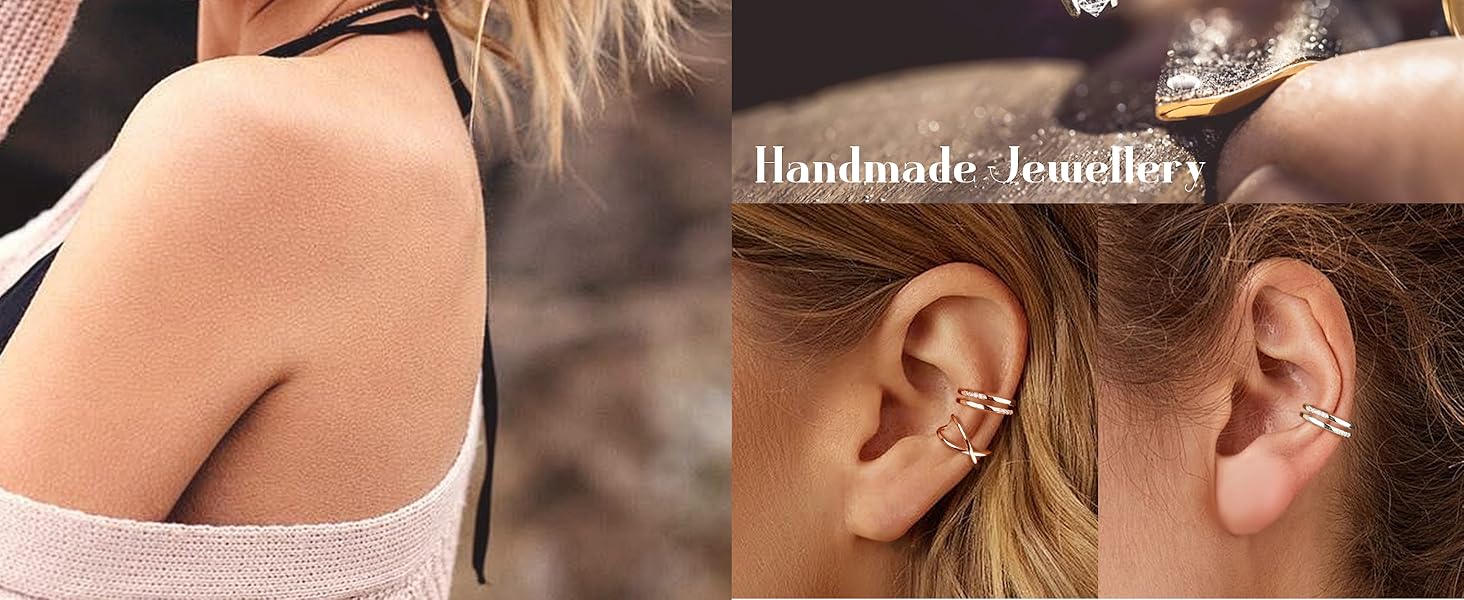 4Pcs S925 Sterling Silver Earring Cuffs for Women, Ear Cuff Set Helix Cartilage Clip on Earrings Non Piercing Earrings for Girls, Adjustable Rose Gold Ear Cuffs Earring Stack