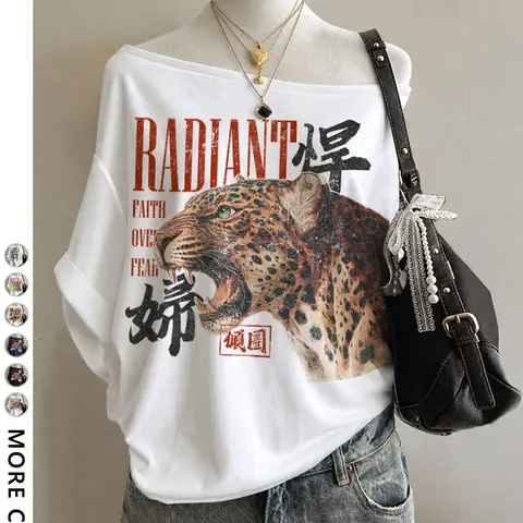 Women's Loose Fit Short Sleeve Off-Shoulder T-Shirt, Leopard Print, Casual Style, Y2K Design, Fashion Trendy Clothes, Perfect for Outing and Shopping