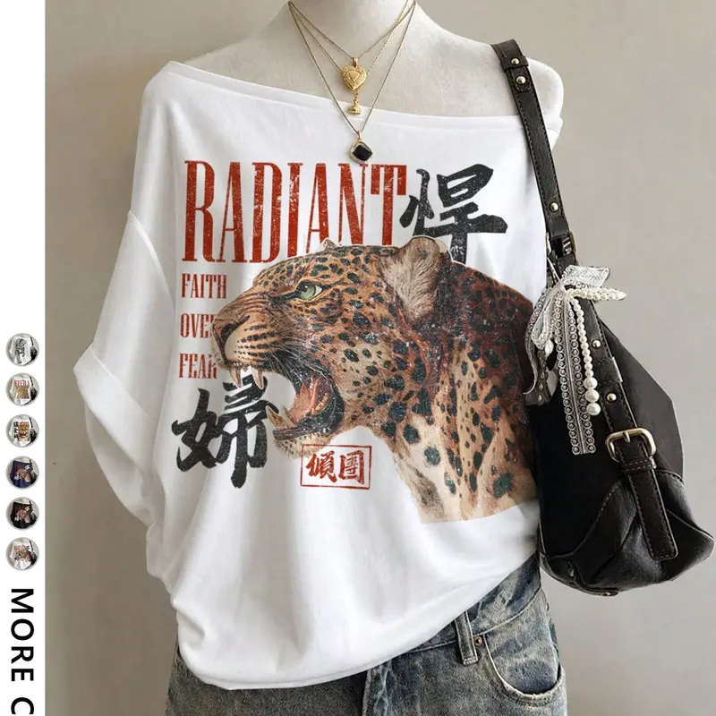 Women's Loose Fit Short Sleeve Off-Shoulder T-Shirt, Leopard Print, Casual Style, Y2K Design, Fashion Trendy Clothes, Perfect for Outing and Shopping