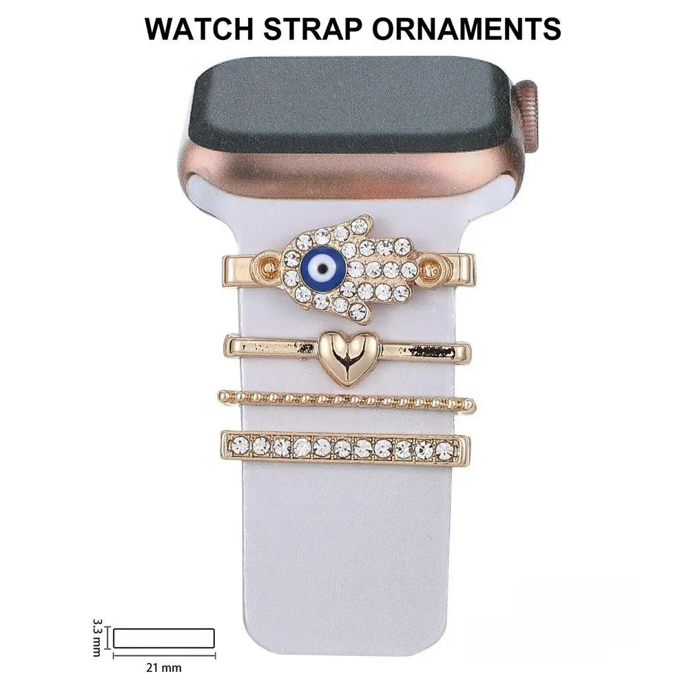6 Styles Watch Band Decorative Charm Set for Women Girls, Cute Bear Rabbit Daisy Evil Eye Heart Rhinestone Watch Strap Rings, Universal Decorative Studs for Smart Watch Bands, Trendy Wrist Accessory Birthday Gift