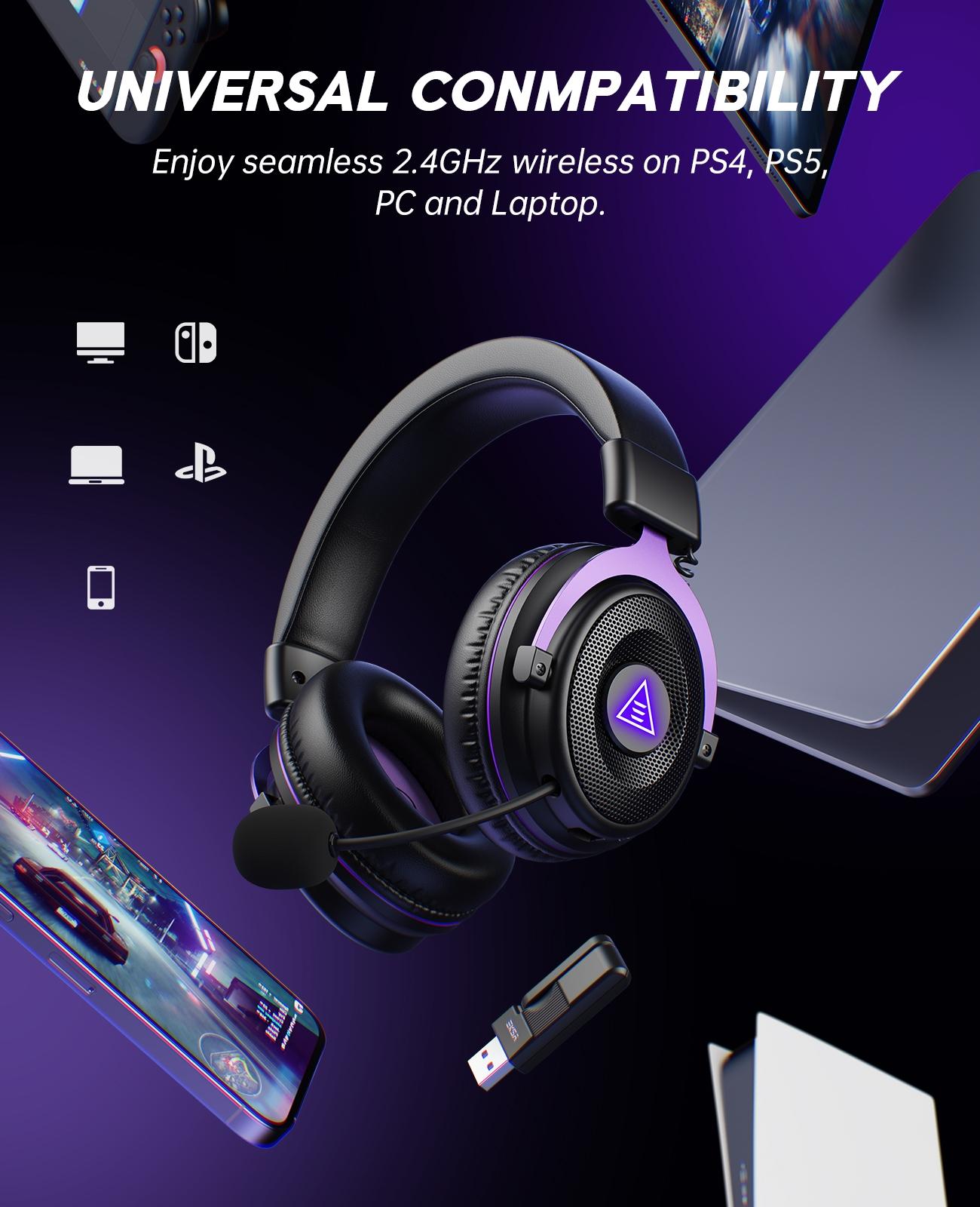 2.4GHz Wireless Gaming Headset, USB & Type-C, 30ms Low Latency, Over Ear Wired&Bluetooth Gaming Headset with Microphone for PC/PS4/PS5/Switch/Mobile/Mac, 80Hrs Playtime, RGB, Computer Headset