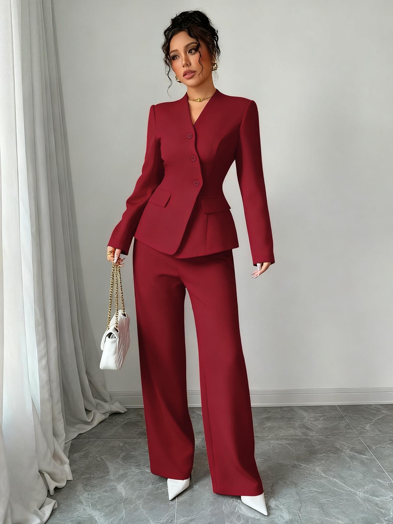 Women's Two-Piece Suit Set, Irregular Button Blazer Jacket & Long Pants, Stylish Ladies', Chic, Womenswear, Perfect for Office & Casual Wear