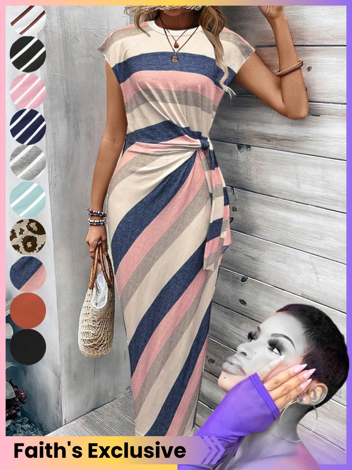 Women's Striped Print Knot Bodycon Dress, Summer Outfits 2024, Elegant Drop Shoulder Short Sleeve Long Dress for Summer, Sundress Maxi Dress, Frenchy Style Ladies Clothes for Beach Holiday