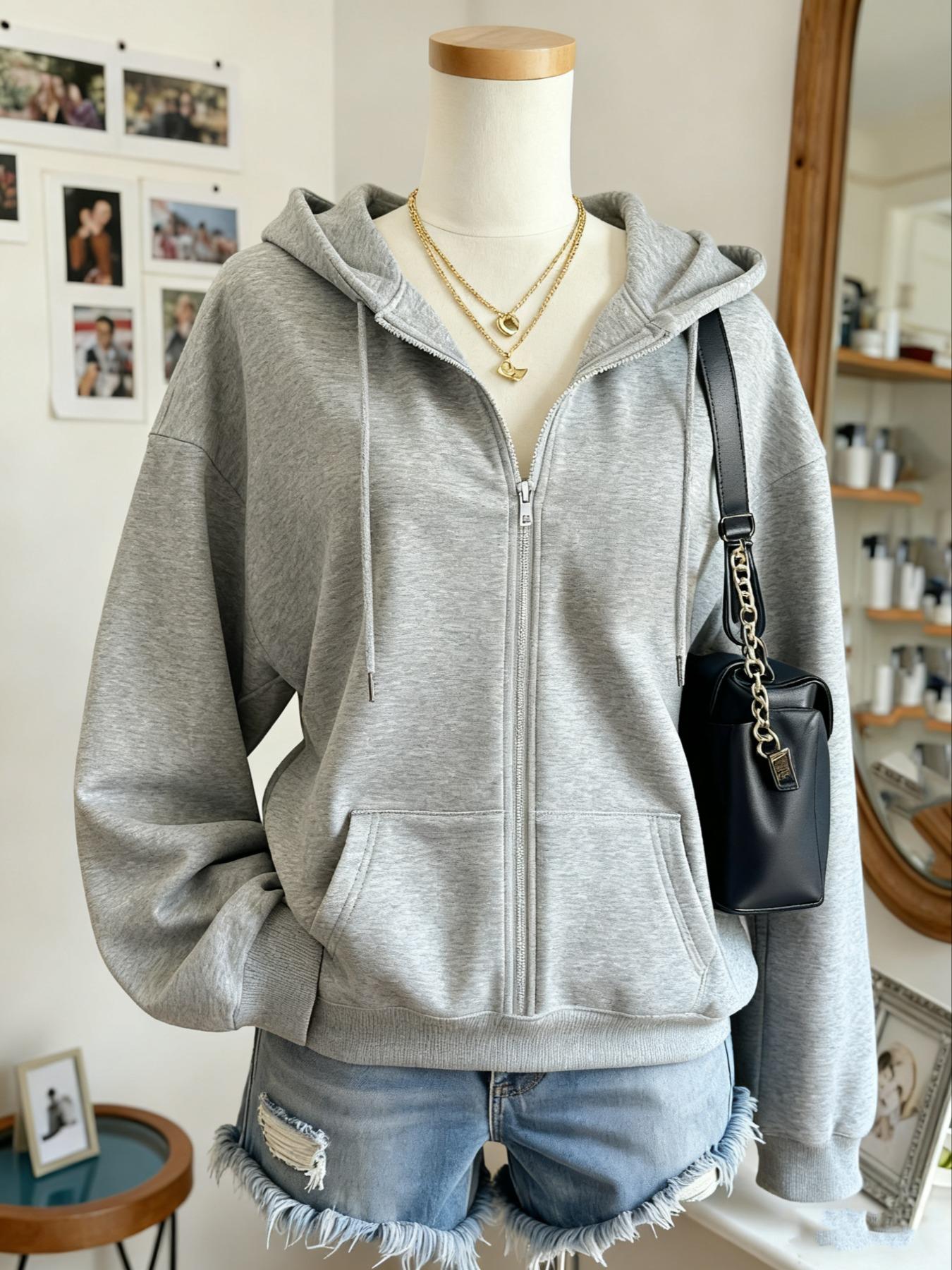 Women's Fashion Fall Winter Drawstring Hoodie, Plain Zipper Jacket Coat, Casual Loose Fit Long Sleeve Top, Versatile New Arrival, Casual Sweatshirt Hoodie