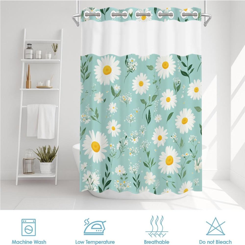 1pc hookless shower curtain with buckle lining, spring white and green daisy floral design, 2D flat printing, fabric waterproof lining, see-through double shower curtain, 71 x 74 inches, modern home draping curtain.