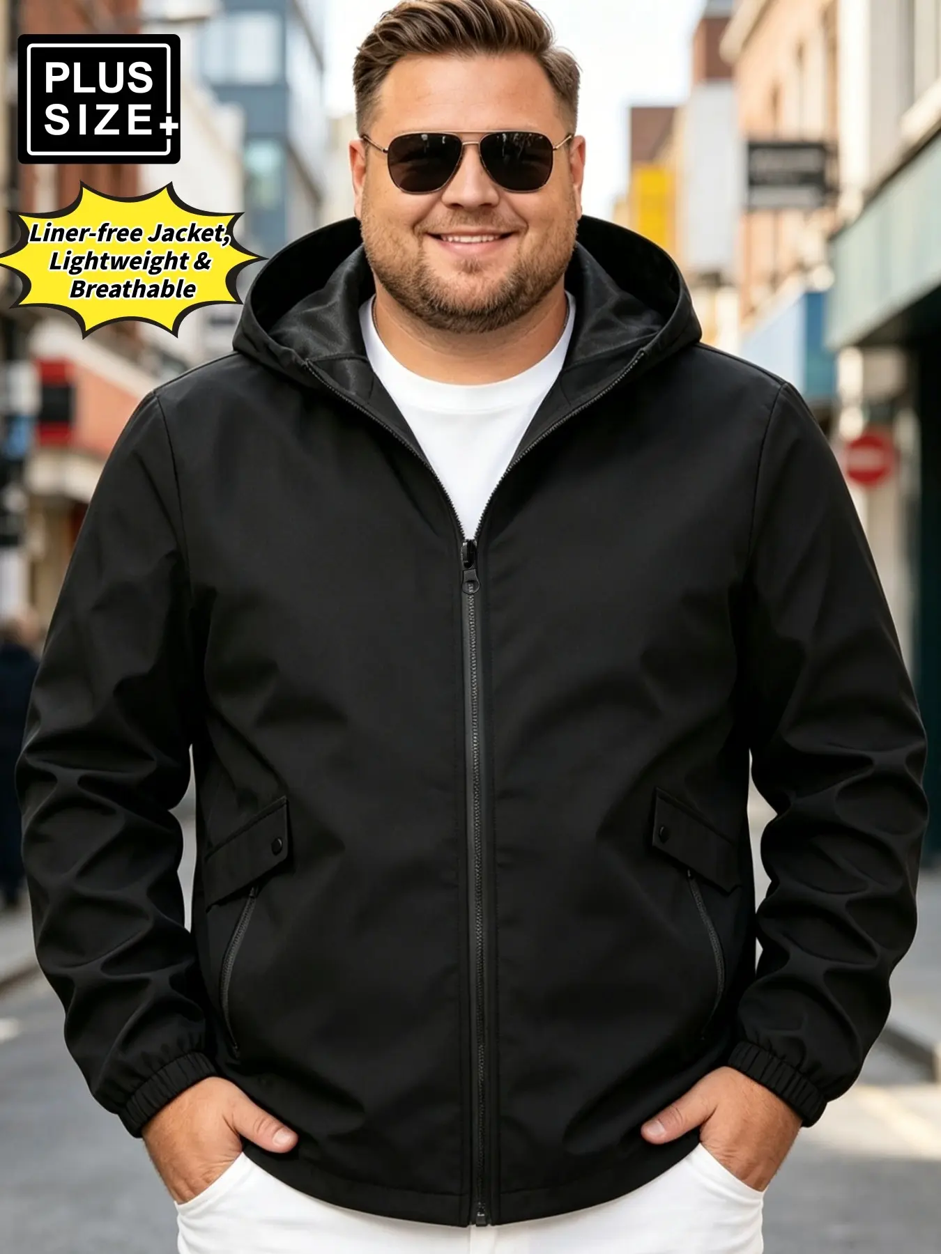 Men's Plus Size Hooded Windbreaker, Zipper Open Front Casual Jacket, Lightweight Breathable Spring Fall Streetwear Coat, Daily Wear & Outdoor