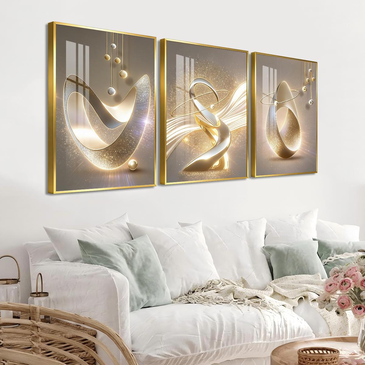 3 Counts Aluminum Alloy Framed Painting, Golden Abstract Sculpture Art Pictures, Home Decoration For Living Room, Bedroom, Office, Restaurant, Hallway Wall Decor, Odorless Print Artwork, Luxury Perfect Gift For Friends And Family