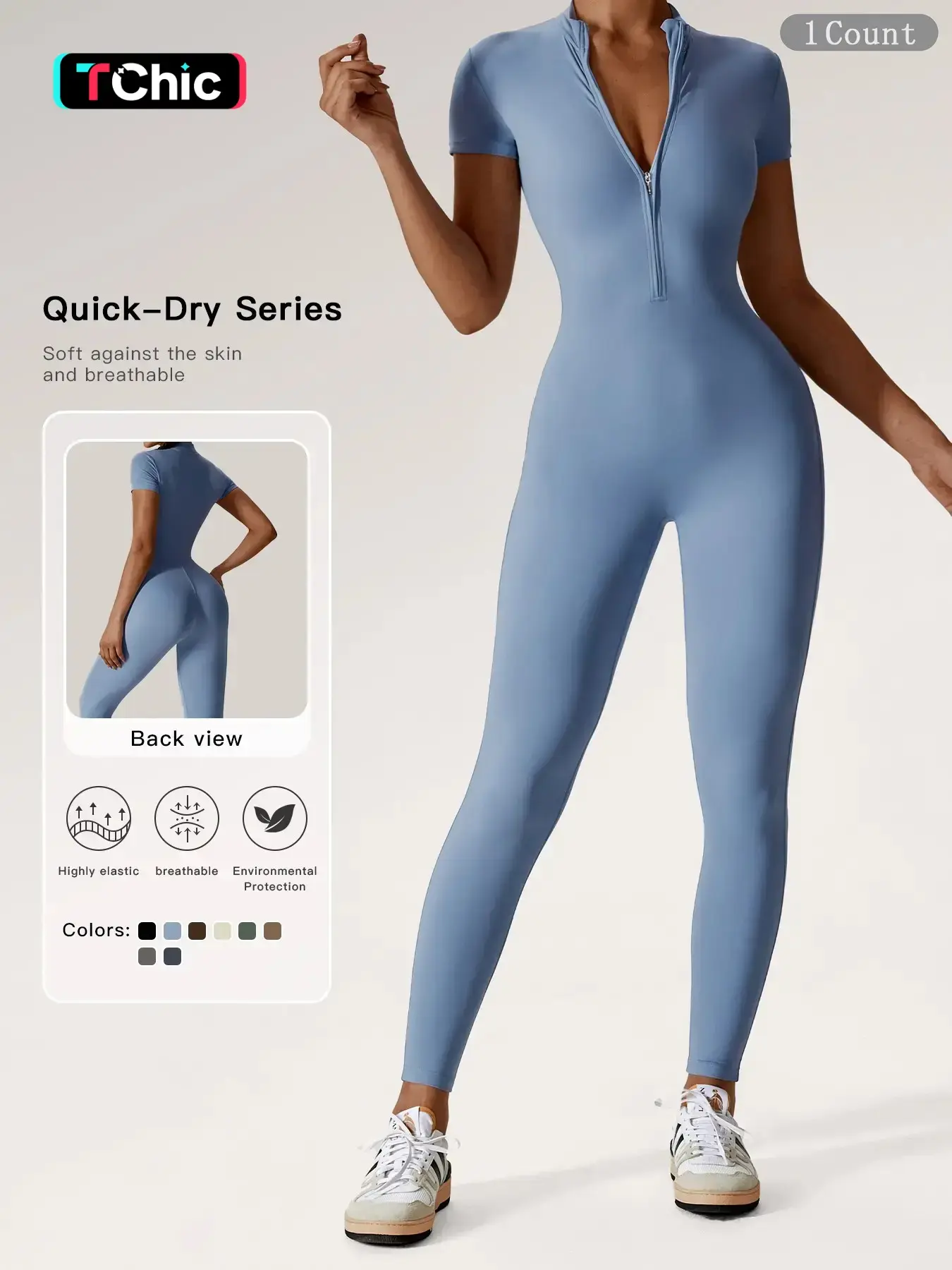 Women's Solid Zipper Mock Neck Sports Jumpsuit, Sporty High Waist Quick Drying Jumpsuit for Yoga Gym Workout, Skinny Fit Jumpsuit, Tight Fitting Jumpsuit
