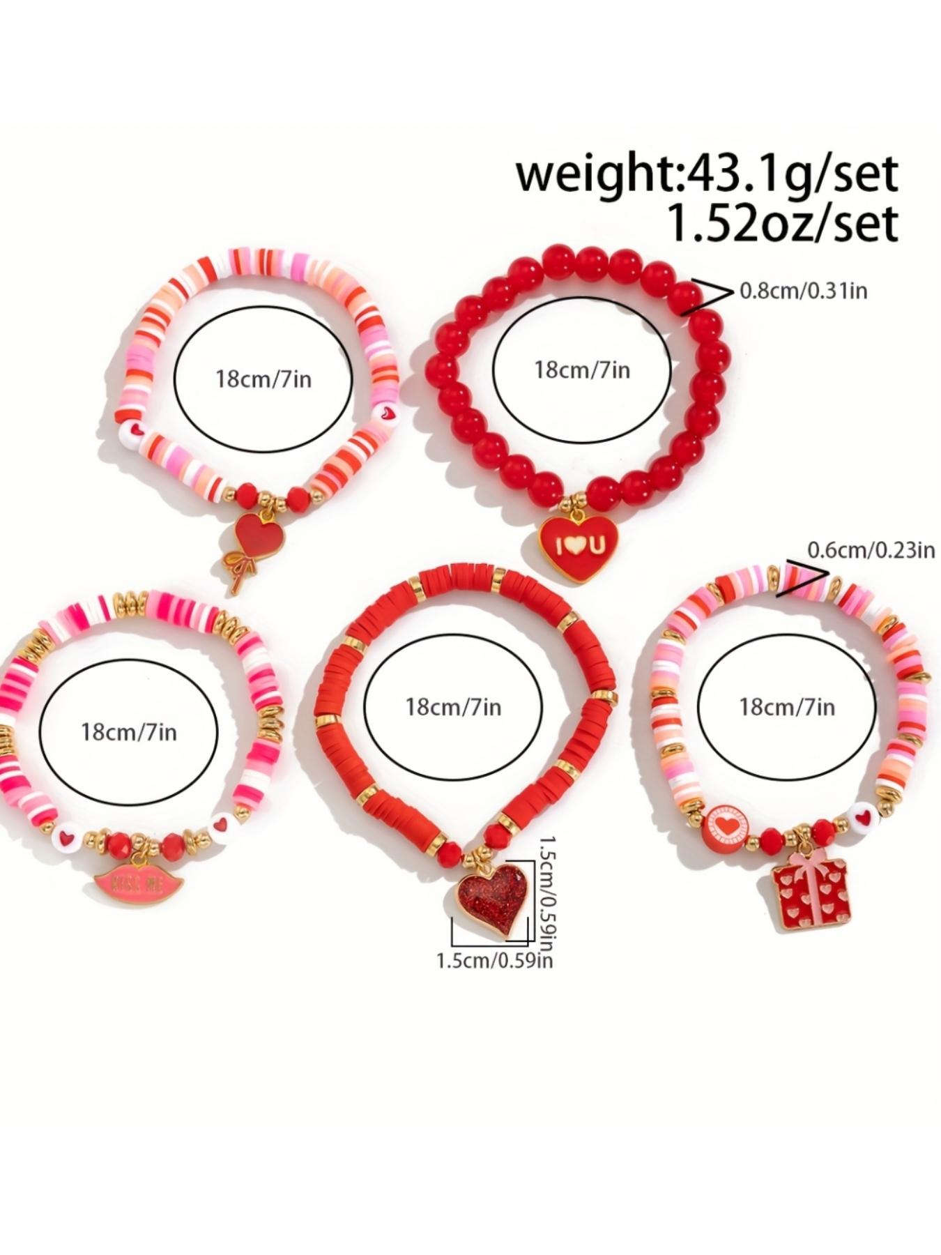 Valentine's Day Handmade Soft Clay Bracelet Set, Elastic Beaded Heart Pendant Jewelry Gift, Perfect for Couples & Romantic Gifts, Trendy Jewellery Accessories
