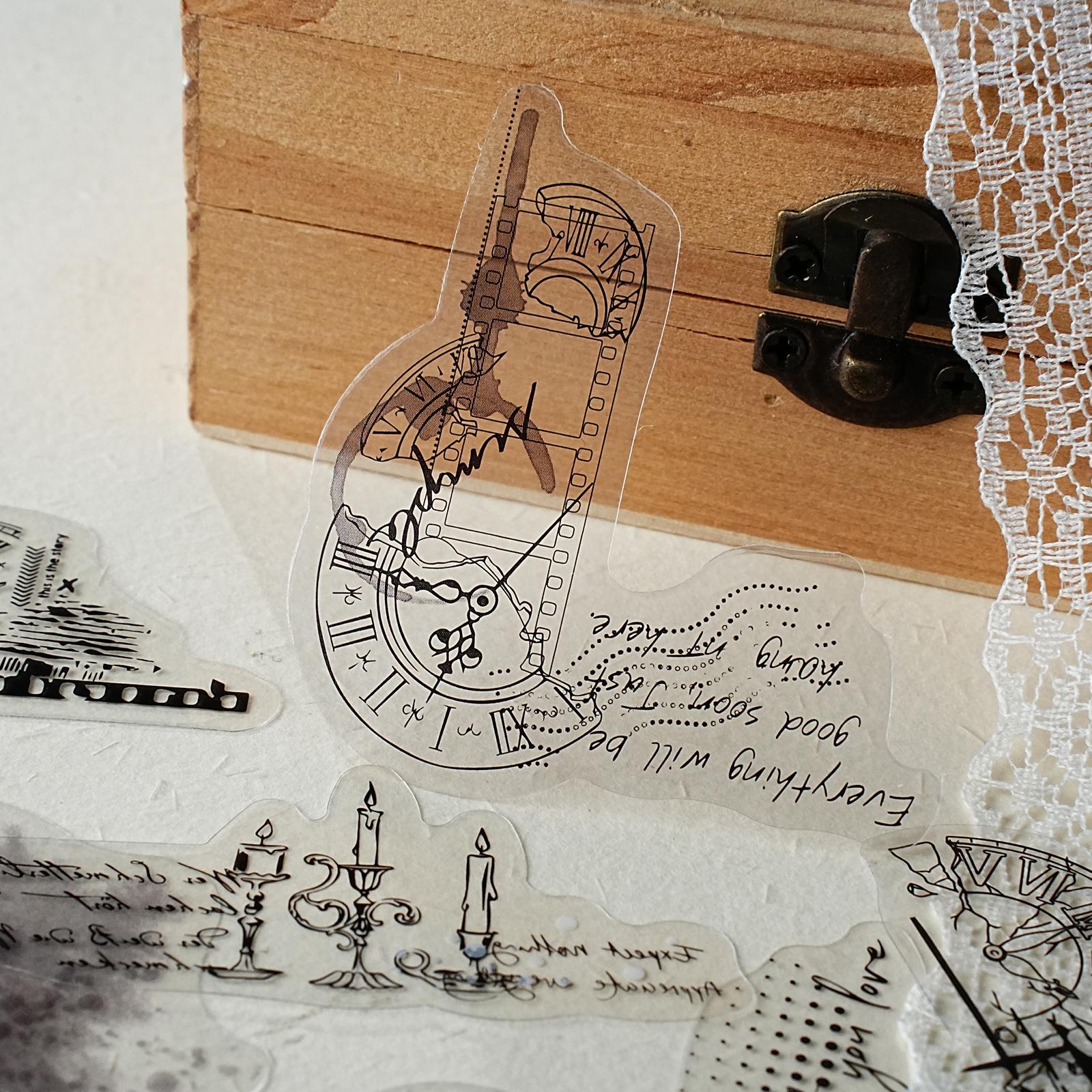 Etori Life 30Pcs Vintage Black and White Clock Film Phrase Stickers Light Retro Journal Decoration Stickers for Laptops, Phone Stickers, Suitcases, Office Decoration Accessories, Guitars, Photo Albums, DIY Crafts, Room Decoration, Card Making