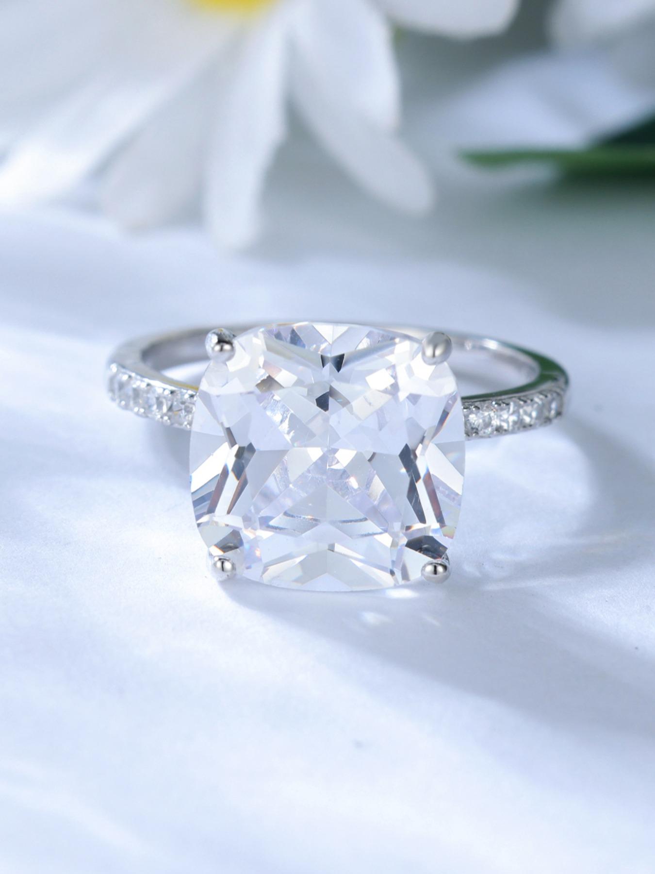 S925 Sterling Silver Square Shaped Artificial Zircon Ring, Beautiful Rings, Shiny Ring for Women, Trendy All-match & Exquisite Jewelry for Birthday Gift, Art Deco Engagement Ring, Elegant Everyday Ring, Fashion Rings