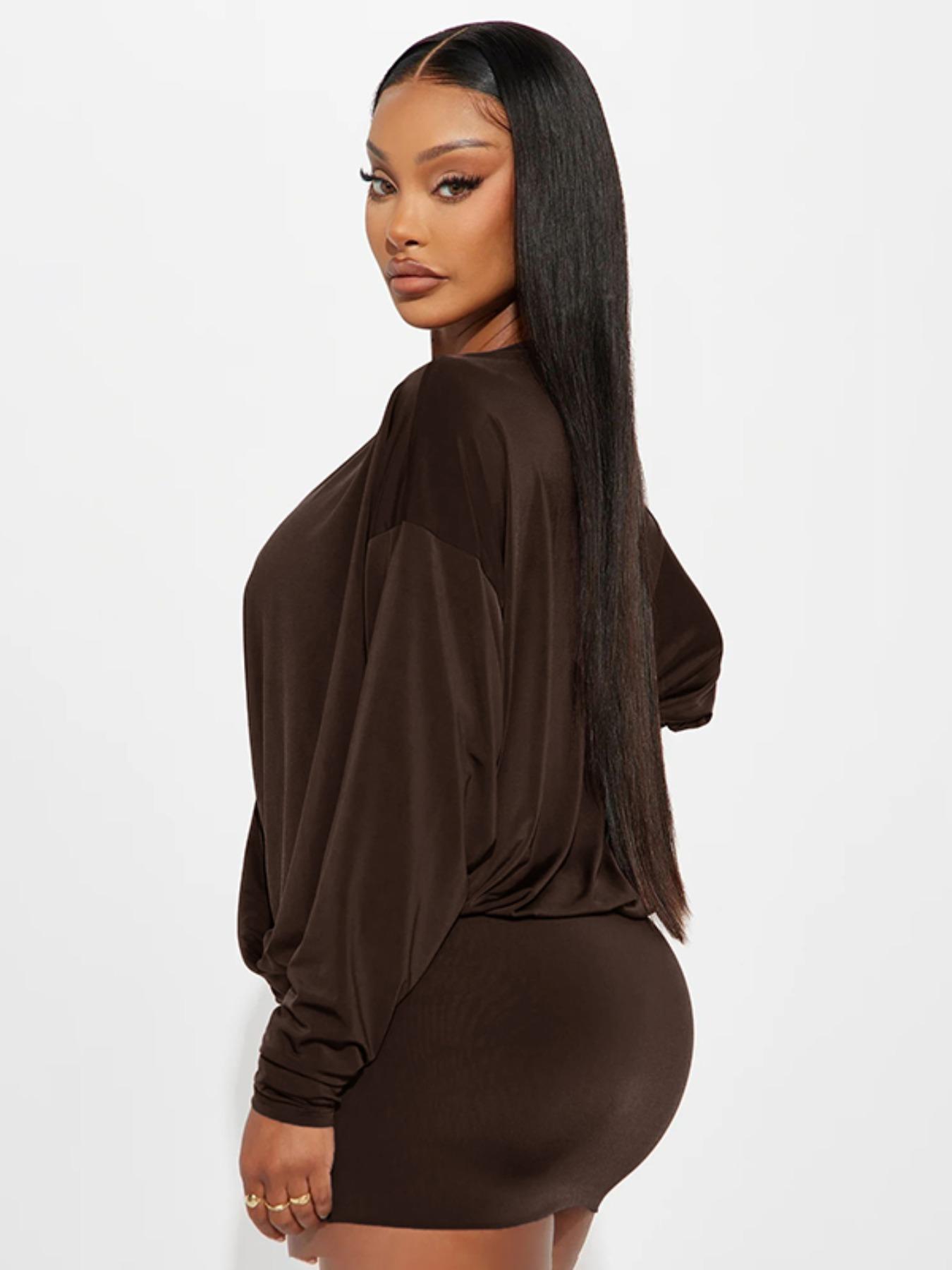 Women's Street Style Y2K Deep V Batwing Sleeve Dress, Long Sleeve Spring & Fall Fashion, Trendy Ladies for Casual Wear, Casual Comfy Chic