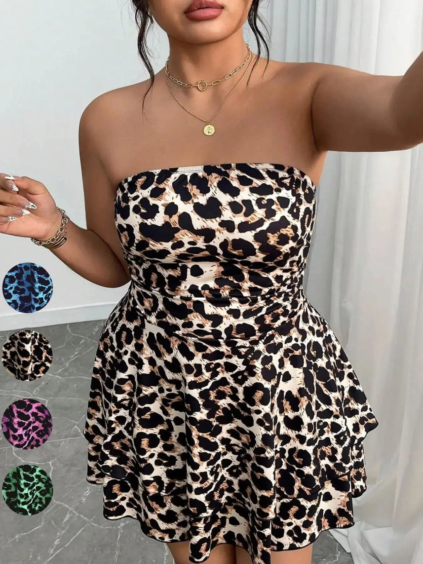 Women's Plus Size Leopard Animal Print Halter Dress, Waist Cinched Ruffle Short Skirt, Sexy European Style Summer, Party Date Night Clubwear