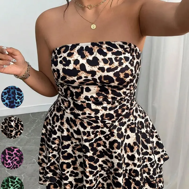 Women's Plus Size Leopard Halter Dress, Waist Cinched Ruffle Short Skirt, Sexy European Style Summer, Party Date Night Clubwear, Strapless Ruffle Dress