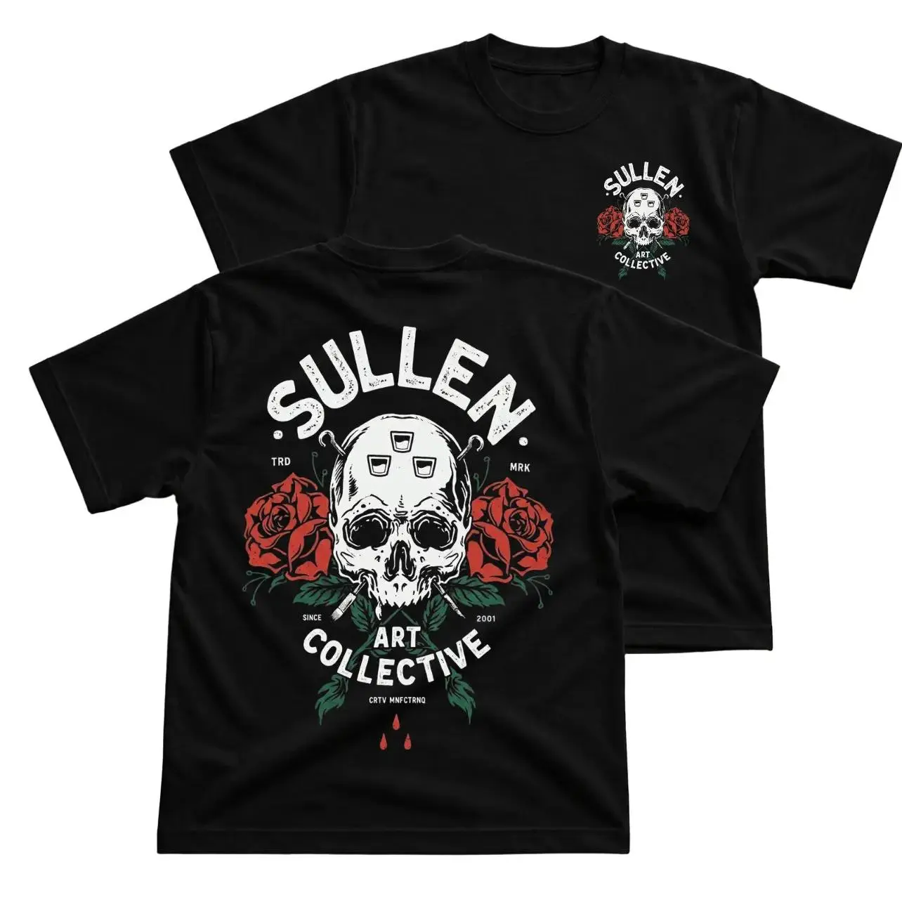 Sullen Art Collective Skull Rose T-Shirt, Tattoo Graphic Tee With Skull And Red Roses Back Print, Front Chest Sullen Logo Shirt, Alternative Streetwear Outfit, Tattoo Artist Apparel Gift for Men and Women