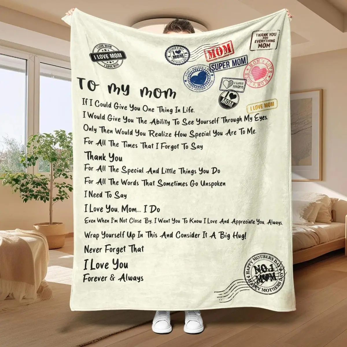 Classic All-Seasons Letter Print Throw Blanket - Mother's Day Gift, Cozy Bed/Sofa Blanket for Home/Travel, Available in 40"x30", 50"x40", 60"x50", 80"x60"
