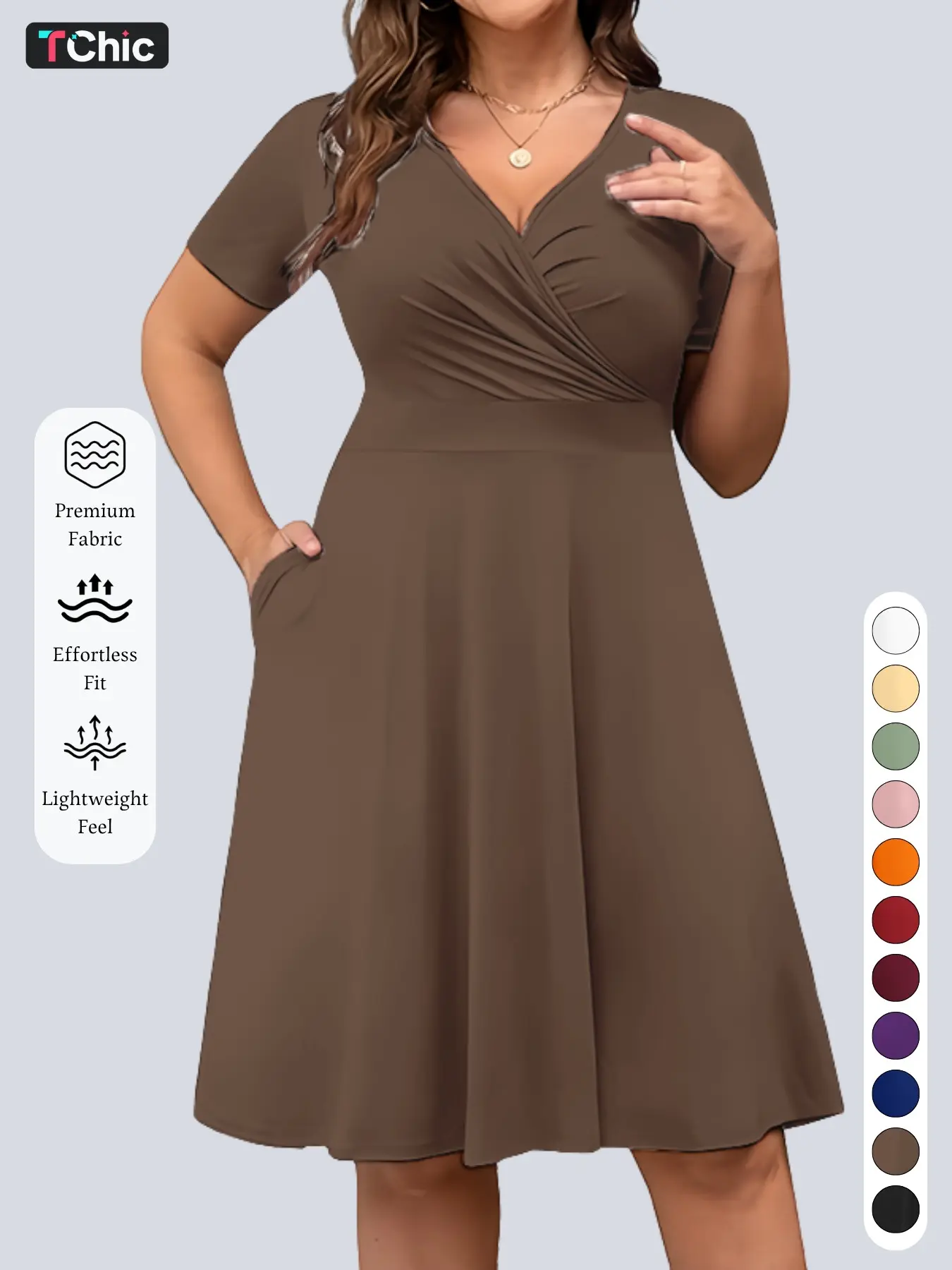 New Summer Spring Women's V Neck Solid Color Dress, Side Pockets a Line Skirt Hem, Elegant Fashion Versatile Knee-Length Dress