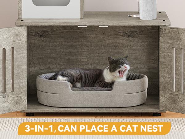 DWVO Cat Tree with Litter Box Enclosure, 2-in-1 Cat Furniture, Modern Cat Condo, Indoor Cat Tower with Wood House, Perch, Food Station, Hammocks, Scratch Post, Hair Brush, 59 Inch