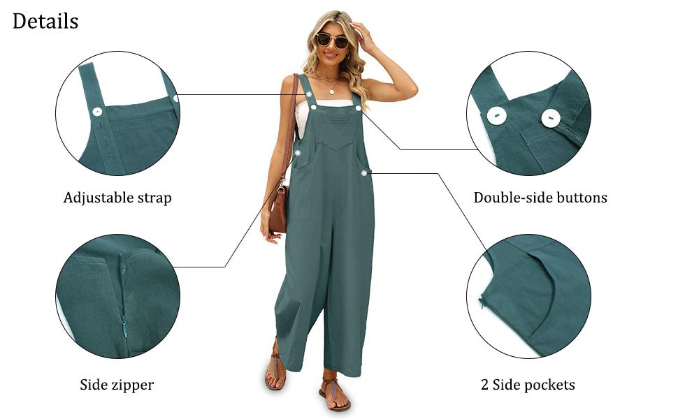 Women's Summer Cotton Linen Bib Overalls Baggy Sleeveless Adjustable Wide Leg One Piece Jumpsuits Womenswear Casual Fabric Soft Basic Minimalist Strap Strappy