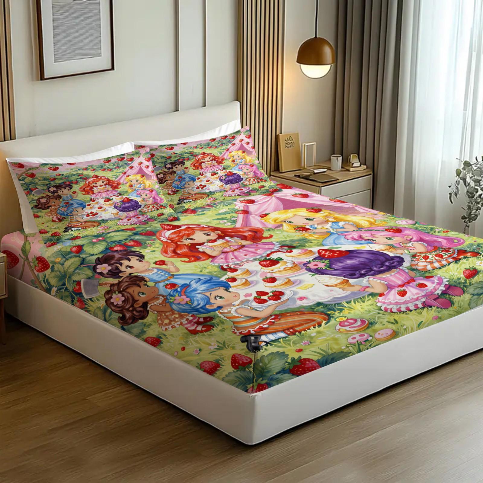 Strawberry Sweetheart Fitted Sheet Set & 2 Pillowcases, 3D Strawberry Full Print & Q-Version Cartoon Girl Design, Soft Anti-Slip Wrinkle-Resistant, Sweet Healing Style Girl's Room Kids Room Decor, Gift Choice