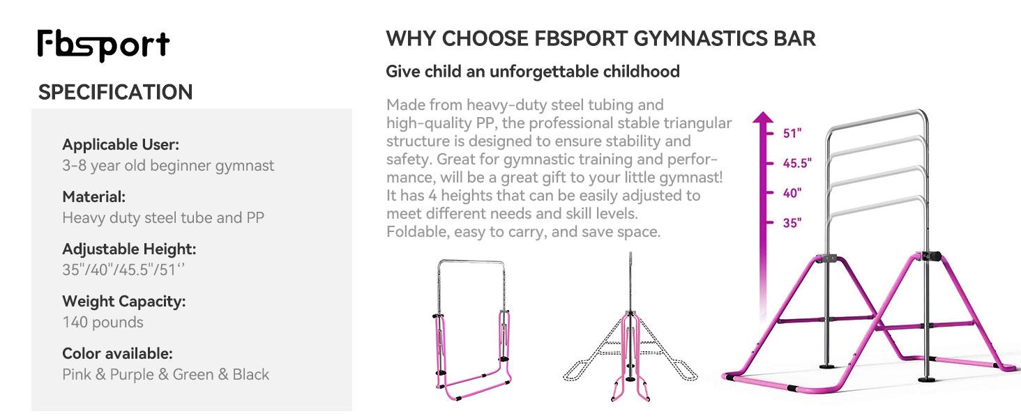 FBsport Gymnastics Bars for Kids with Adjustable Height, Folding Gymnastic Equipment Training Kip Bar, Junior Expandable Horizontal Monkey Bar for Home Practice