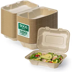 100 Pack 9x6 Compostable To Go Food Containers Disposable Clamshell Take Out Boxes with Lids Eco Friendly Biodegradable PFAS-Free Bagasse