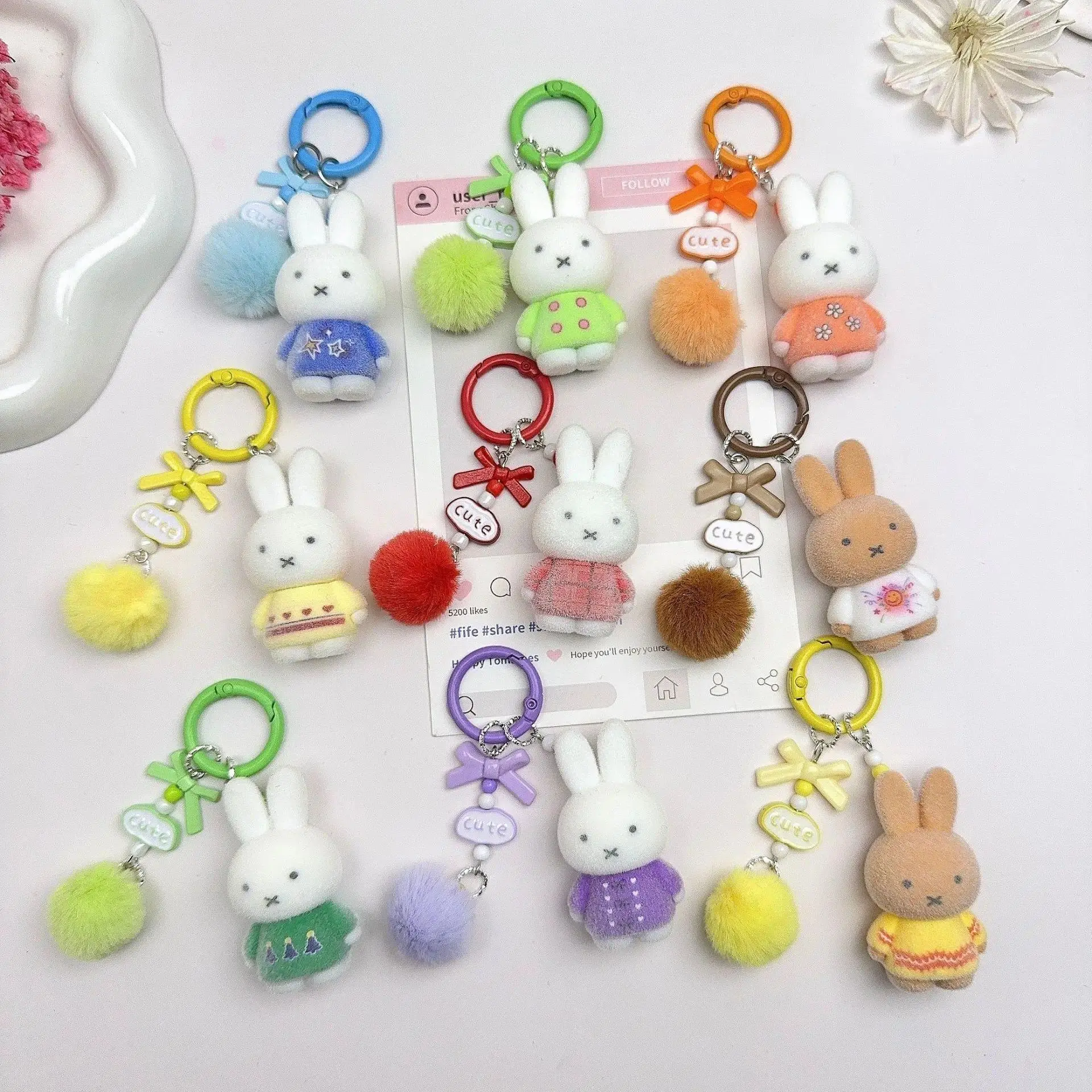 Kawaii Miffy Cute Flocking Multi-color Keychain Doll Pendant Ornament Figurine Creative Pendant Gift Toy for Girl