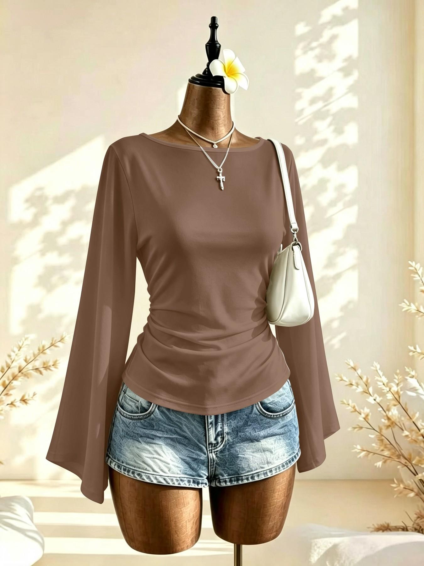 French Lazy Style Plain Color One-Shoulder Bell Sleeve Top, Side Pleat Waist Slimming Commuter Shirt, Choose 1/2 Pieces