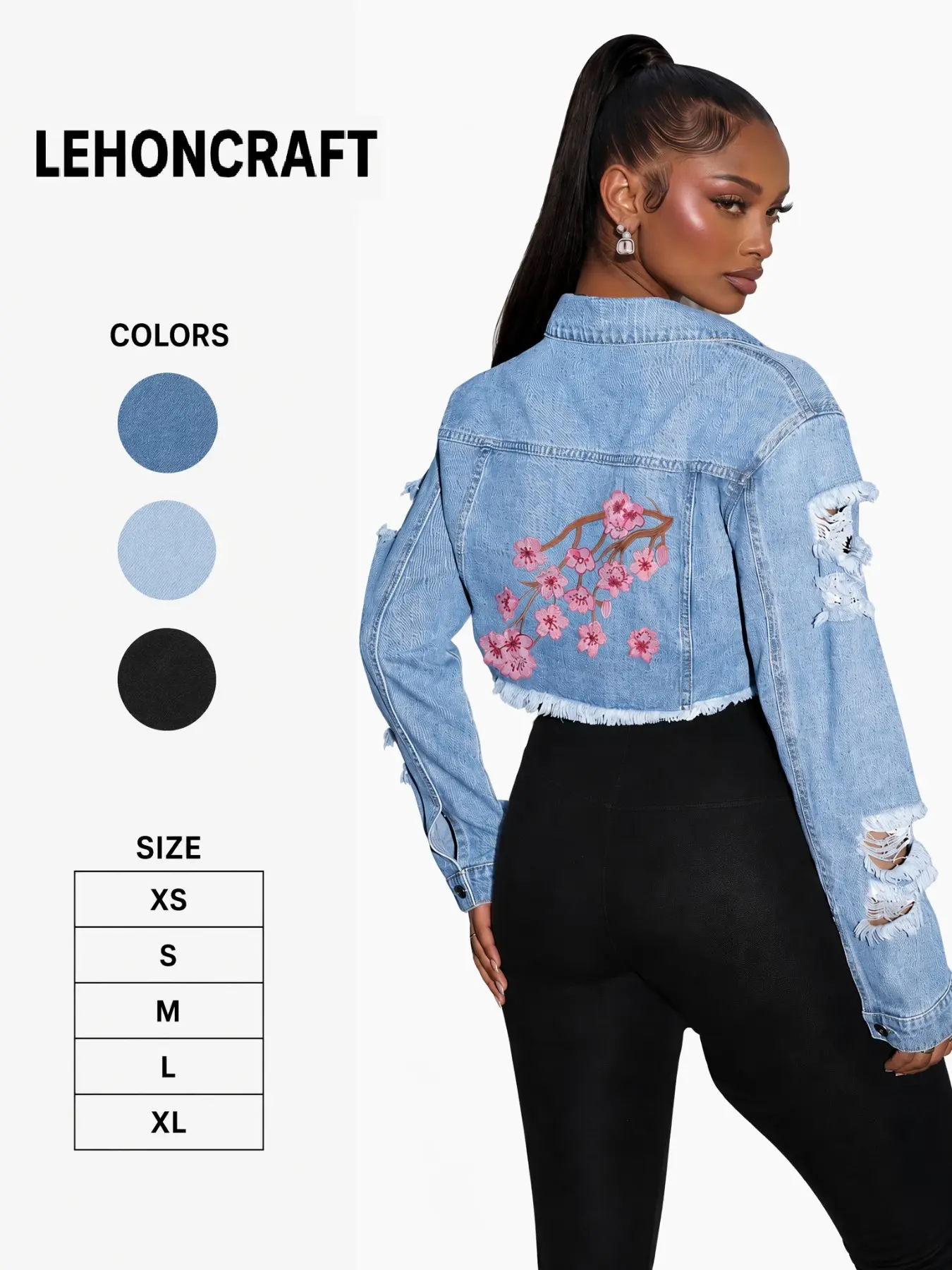 Women's Fashion Washed Denim Jacket, Long Sleeve Short Fitted Jeans Coat with Ripped Details, Trendy Collared Outerwear for Casual Wear