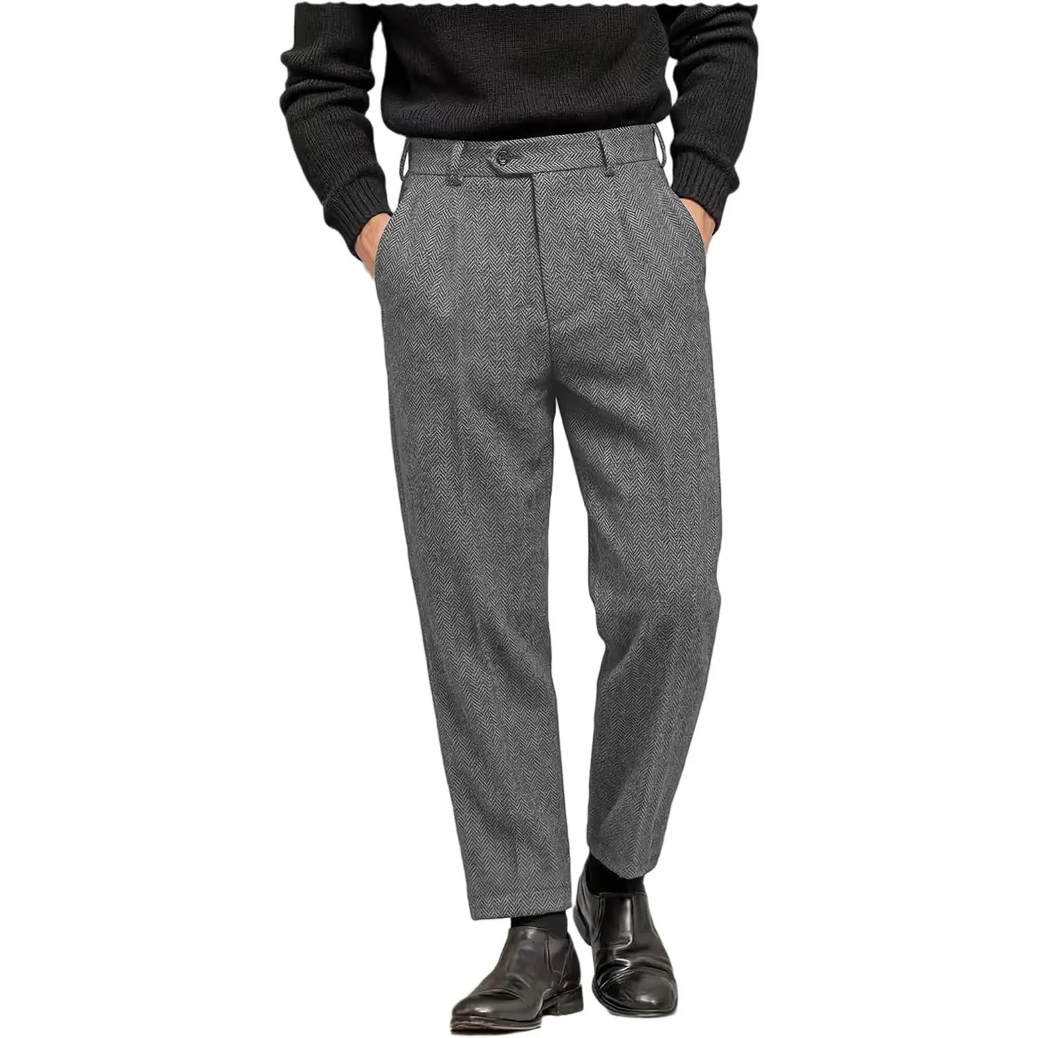 Men's Tweed Pants Herringbone Thick Wool Pleated Front Dress Suit Vintage Trousers