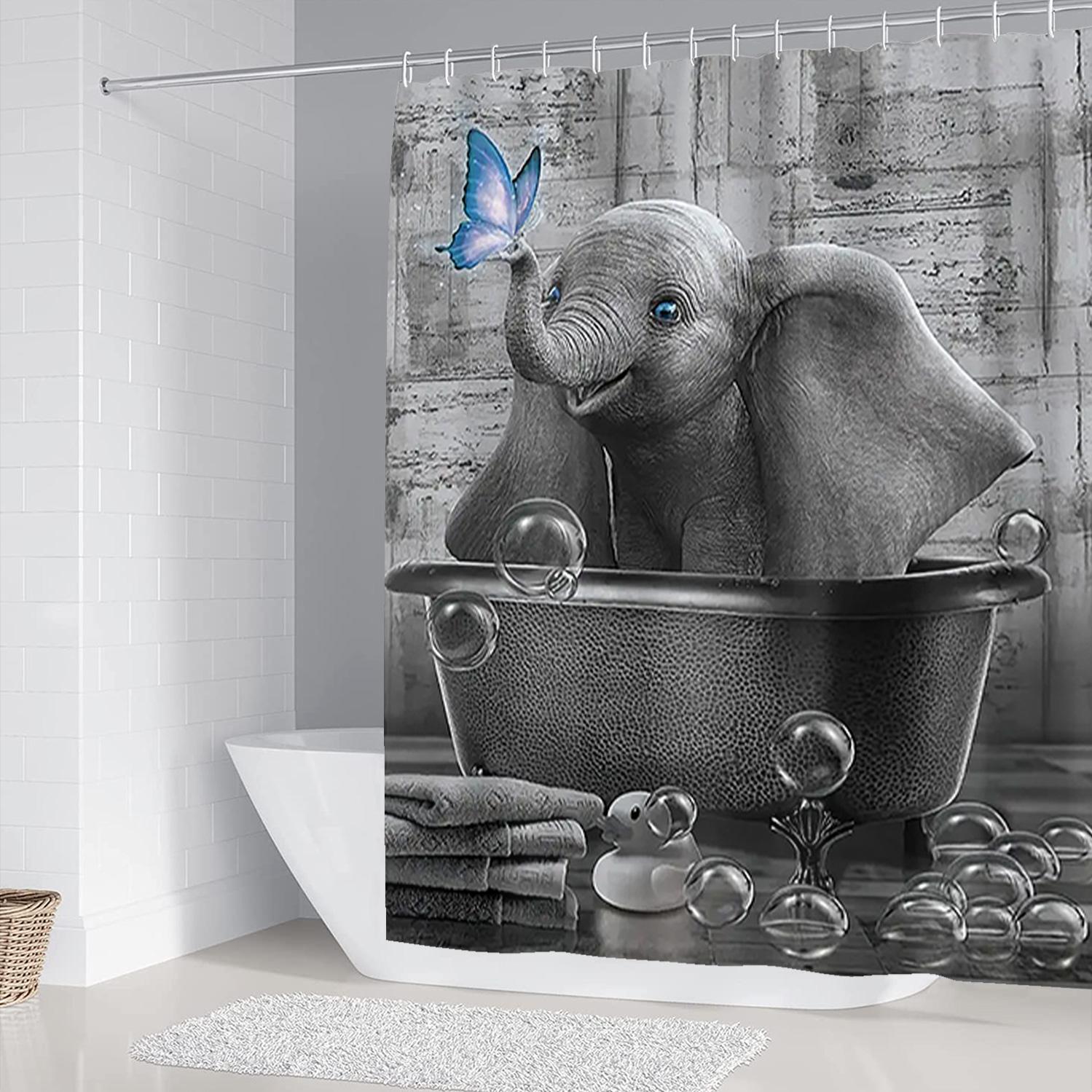Elephant Pattern Bathroom Accessories Set, Shower Curtain, U-Shaped Toilet Pad, Long Rectangle Mat, Toilet Seat Cover, Fashionable Bath Decor