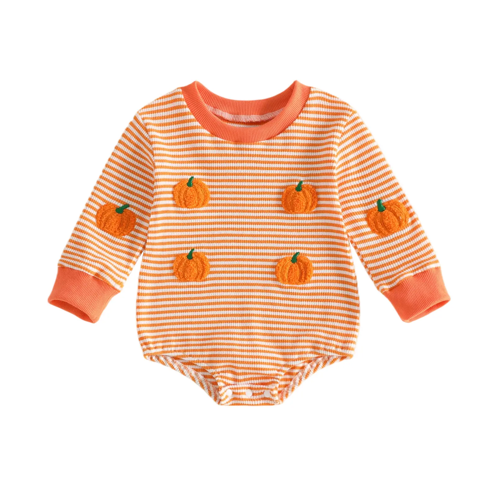 Babamoon Unisex Newborn Infant Cotton-Poly Pumpkin Romper - Long Sleeve Shirt, Striped, Embroidered Bodysuit Onesie for 0-18M, Stripes