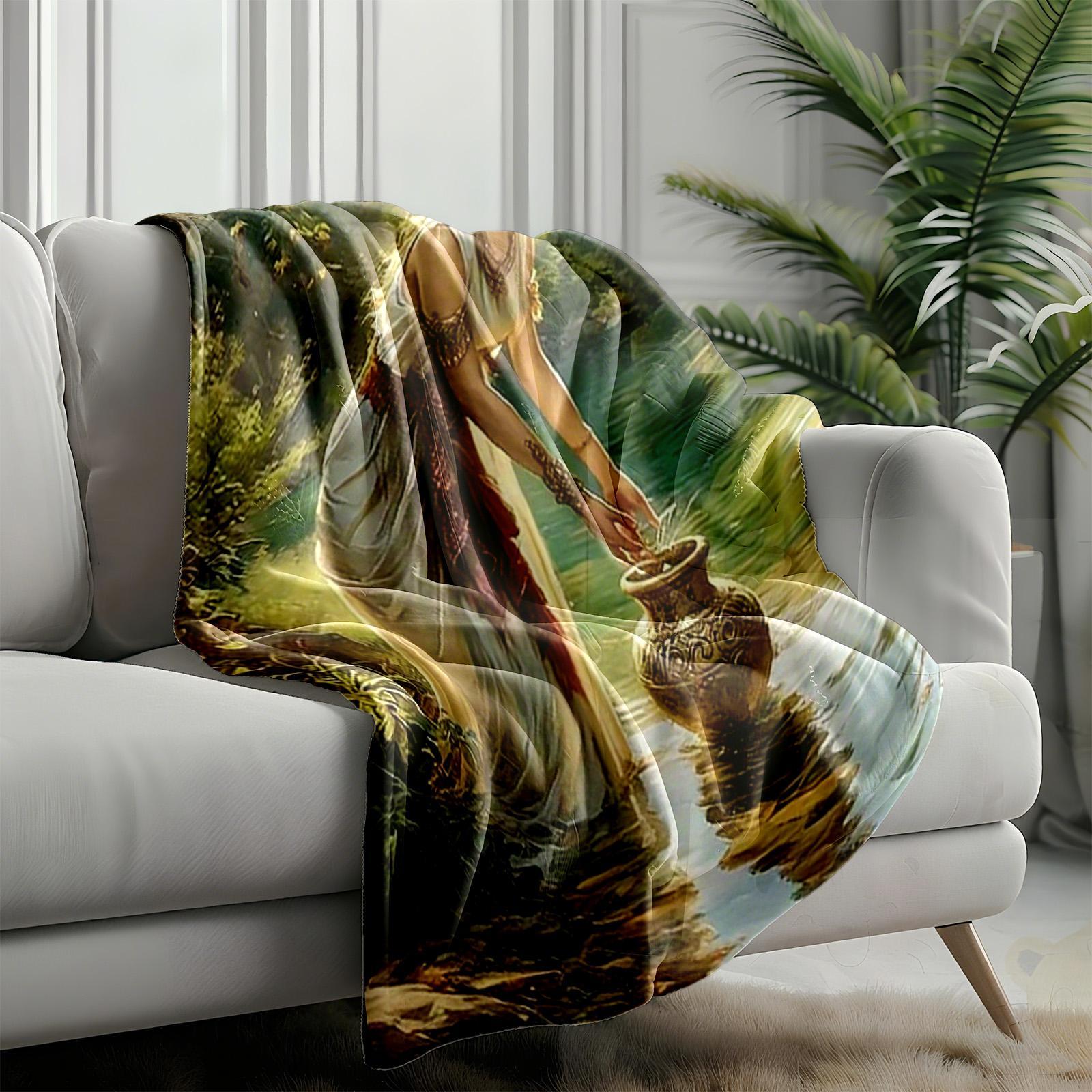 1 piece Classical style woman drawing water by the stream oil painting themed flannel blanket - Oversized fluffy flannel sofa blanket, suitable for beds and sofas, modern design, all-season use, digitally printed pattern, 100% polyester material