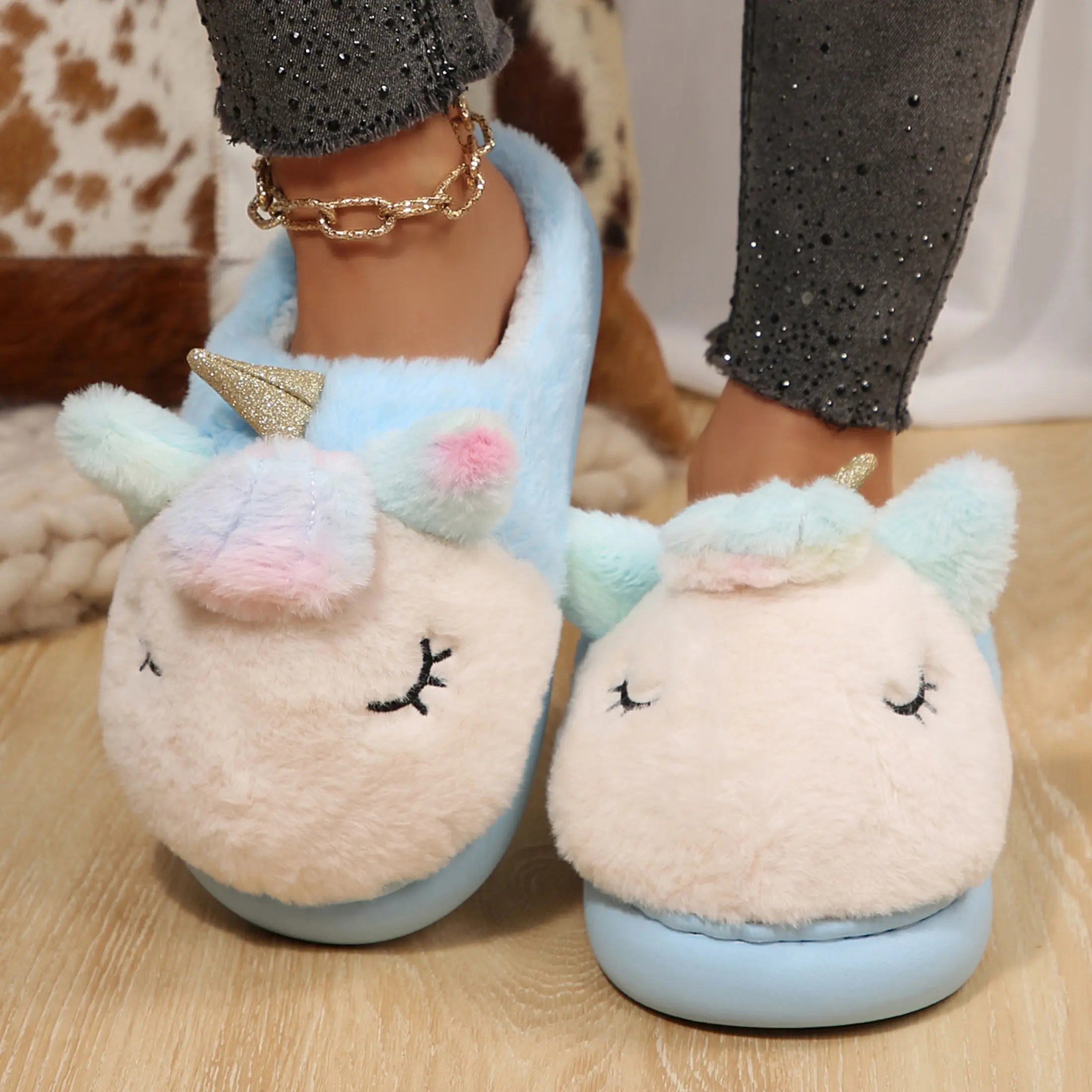 Women's Unicorn Plush Slippers Indoor Outdoor Sneakers Cozy Plush Shoes Woman Slippers Cute Fluffy Girls Slippers