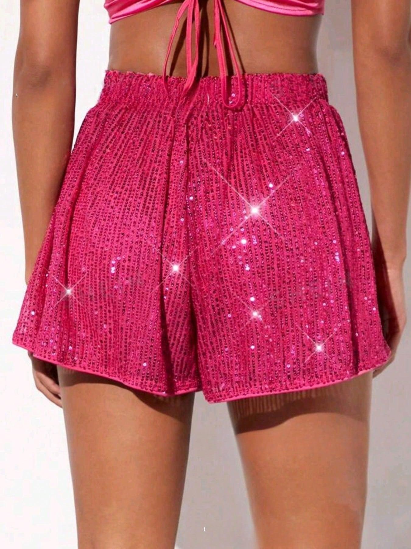 New Women's Sparkly Sequin Shorts, High Waist Fake Two-Piece Skirt-Like Wide Leg Design with Full Sequin Mesh, Ideal for Daily Leisure, Street Shots, Parties, Check-in Outfits, Gatherings and Outdoor Outings