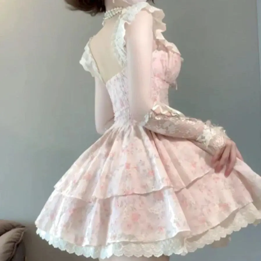Vintage Lolita Dress Women Lace Patchwork Sweet Princess Ruffle High Waist Layered Dress Female Korean Fashion  Elegant Dress