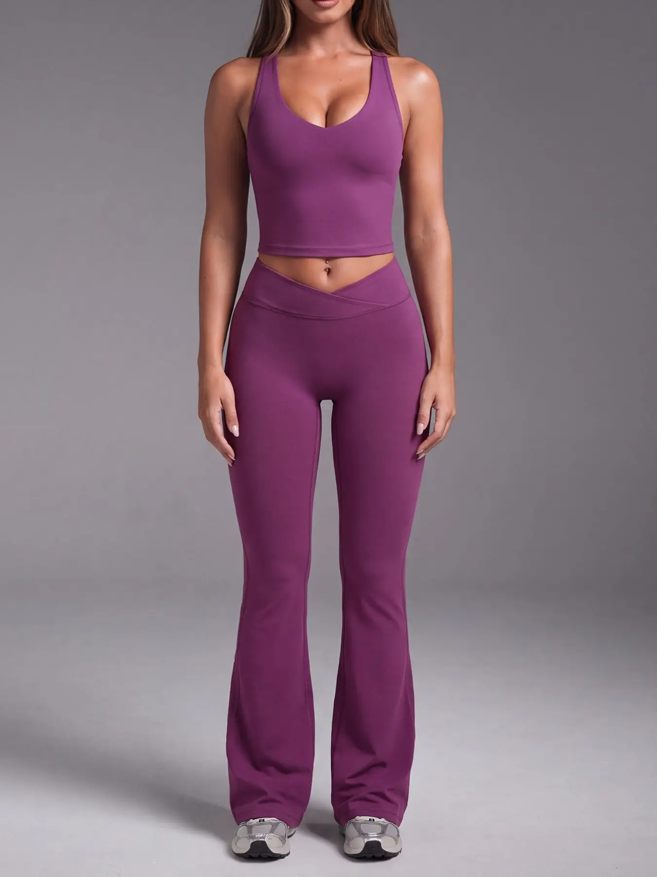 Women's Sporty Casual 2-Piece Set, Backless Activewear, Sexy Backless V-Neck Sleeveless Crop Tank Tops with Chest Pad and Crisscross V High Waist Tummy Control Butt Lifting Flare Leggings, for Yoga, Training, Gym and Daily Wear
