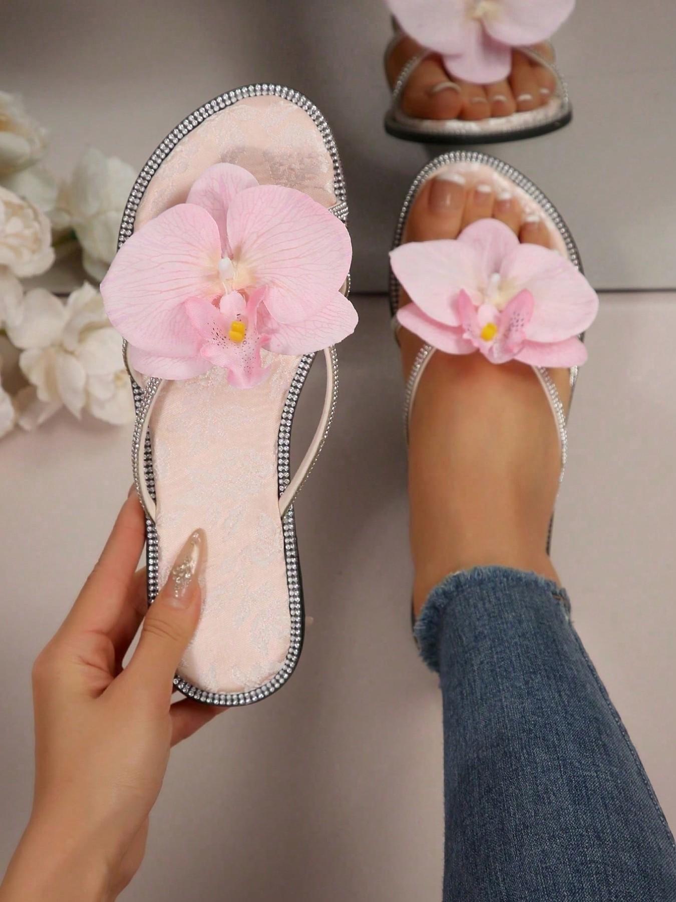 French 3D Flower Rhinestone Design Cute Fairy Commute Party Stickers, Soft Sweet Style Flat Sandals for Beach Wedding Office Home Outdoor Summer