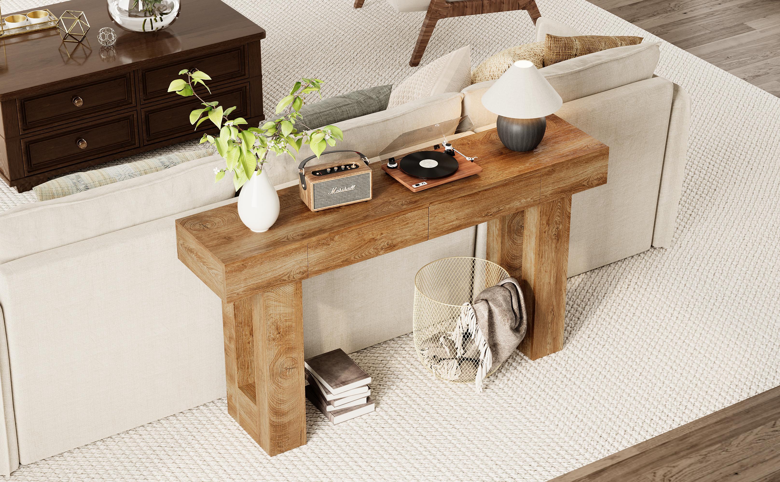 IRONCK 63" Long Console Table with 2 Drawers, Wooden Sofa Table Behind Couch, Farmhouse Entryway Table for Entrance, Living Room, Hallway Rectangular Tabletop Modern Furniture