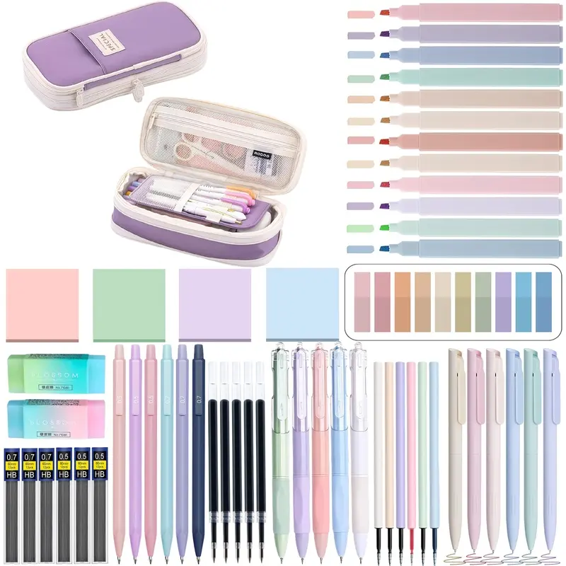 54 PCS School Supplies with Large Pencil Case, 5 Ballpoint Pens, 12 Pastel Highlighters, 5 Black Ink Gel Pens, 6 Mechanical Pencils 0.5-0.7mm College Student Essentials, Stationery Set